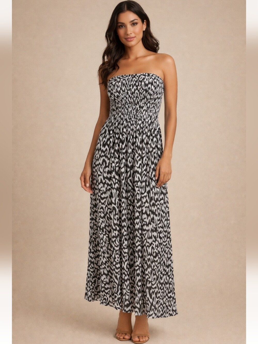 Scoop Women’s Black & White Patterned Strapless Maxi Dress Size 0-2